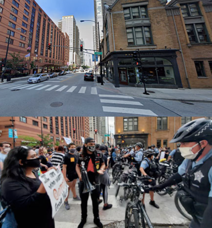 The Ohio and State Street intersection in River North before and during protest. Images: Google Maps, Tyler LaRiviere/Chicago Sun-Times