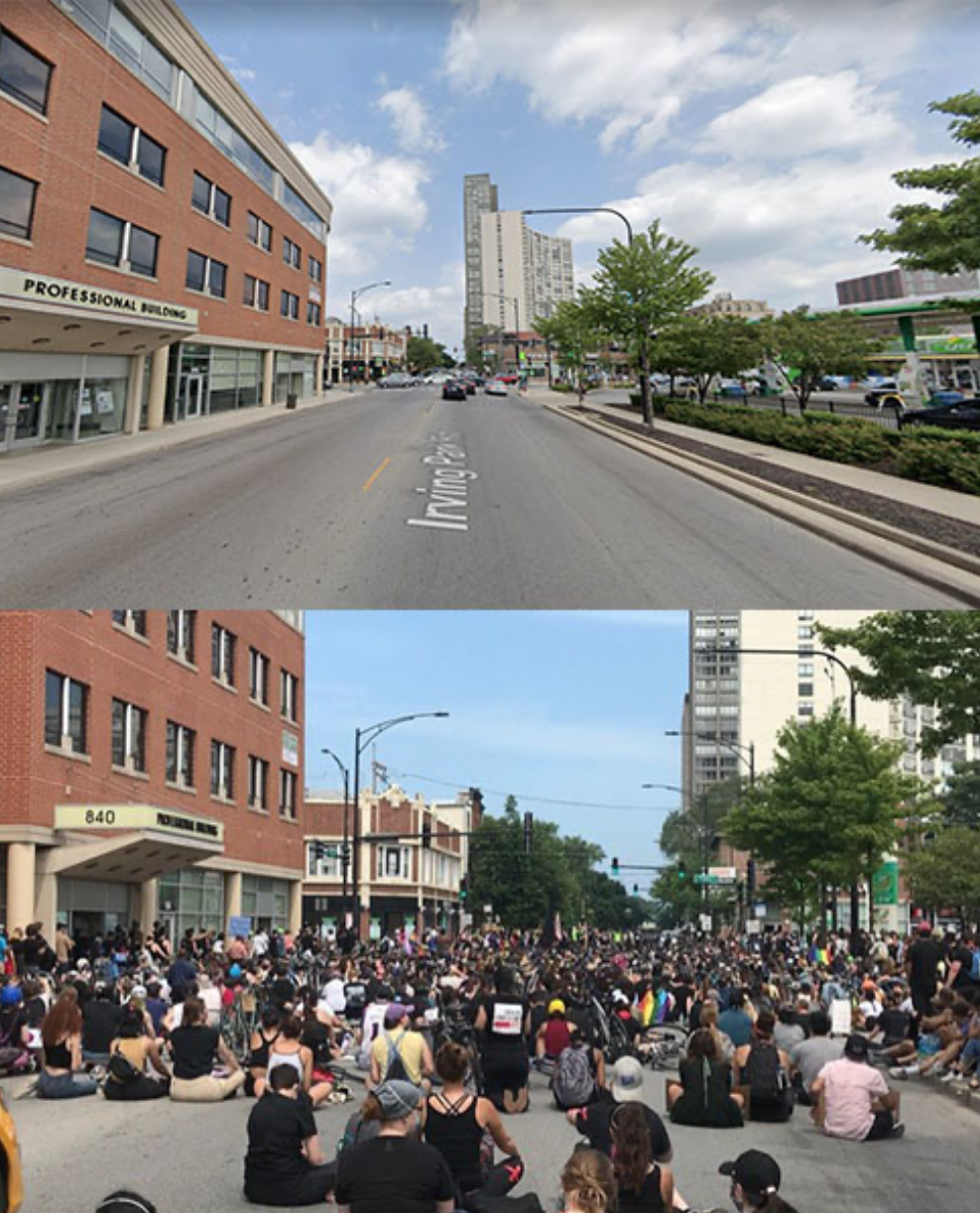 Occupying the street after the Black Pride march in Boystown. Images: Google Maps, John Greenfield