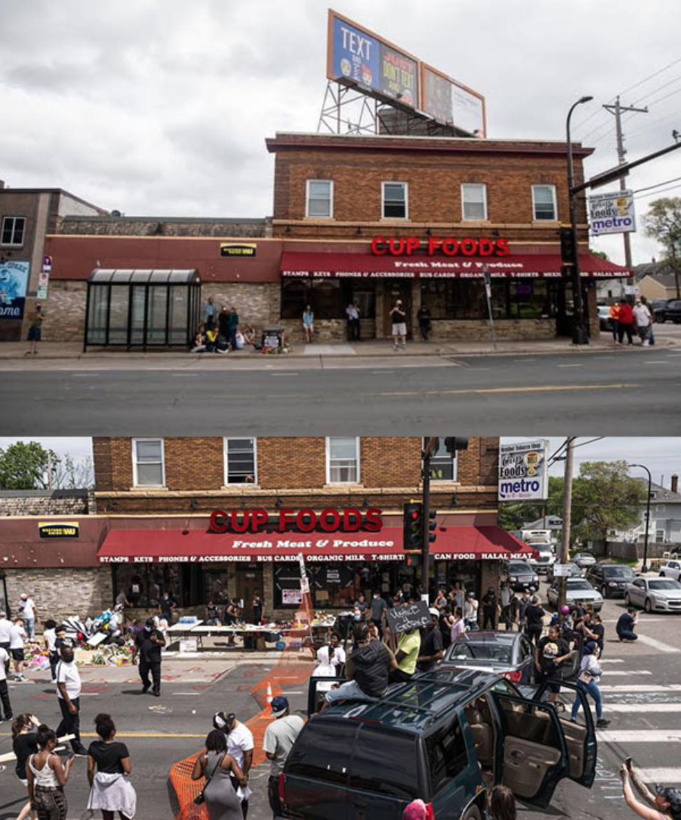 Intersection in front of Cup Foods, the site of George Floyd’s death, before and after placemaking. Image: Evan Frost/MPR News, Stephen Maturen/AFP
