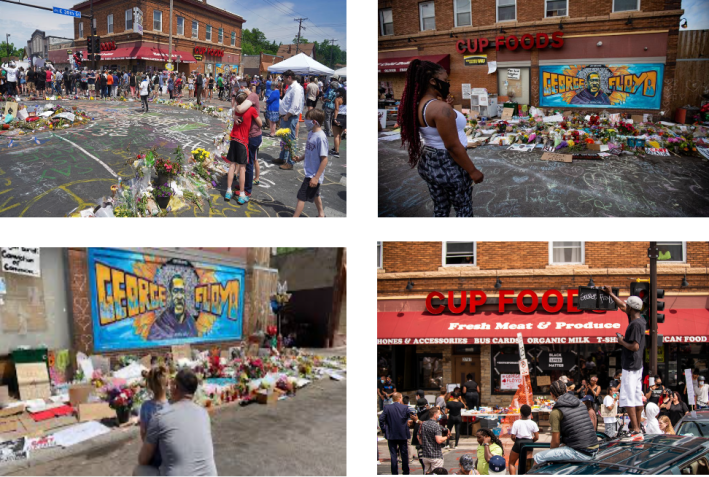 Community artwork and gathering in the intersection in front of Cup Foods. Images: Brian Peterson/Star Tribune (top left), Jason Armond/Getty Images/Los Angeles Times (top right), Judy Griesedieck/ MPR News (bottom left), Stephen Mature/Getty Images/FOX9 (bottom right)
