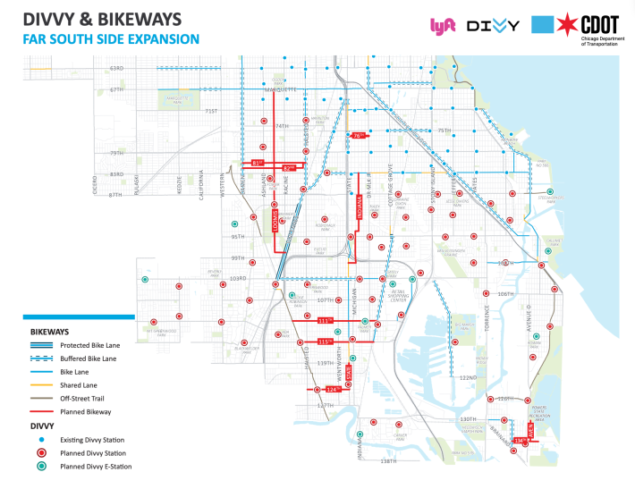 Map of new Divvy station and bikeway locations on the Far South Side.