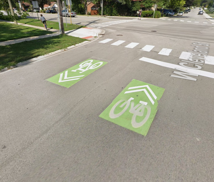 Sharows on Cleveland Avenue in Niles direct cyclists to cross four-lane Waukegan Road, which has no stop signs, to get to the nearby North Branch Trail. Image: Google Mpas