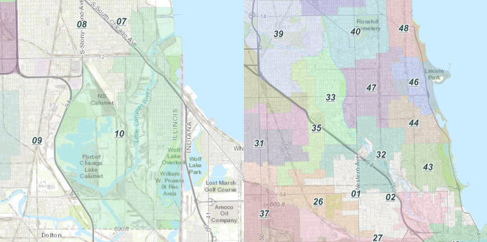 The 10th Ward and North Side wards viewed at the same scale.