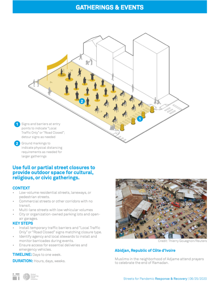 Page from a NACTO guide for outdoor gatherings during the COVID pandemic depicts people at a graduation.