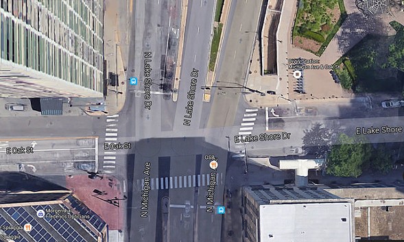 An aerial view of the intersection of Michigan Avenue and Oak Street. Image: Google Maps