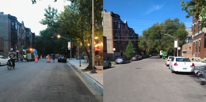 The 800 block of West Dickens Avenue on July 10 and this morning. Photos: John Greenfield and a Streetsblog reader