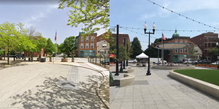 The plaza, before and after the makeover, looking east on Berteau. Images: Google Maps, John Greenfield