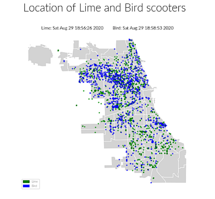 At the time Chicago Scooters plotted Bird and Lime scooter locations on this map, the devices were concentrated on the North and Northwest sides.