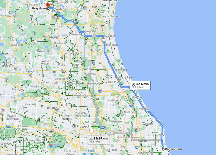 A bike route from Rogers Park to Grayslake (not Courtney's exact start or endpoints.) Image: Google Maps
