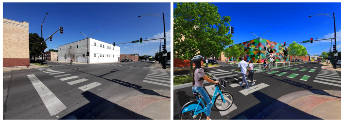 Palmer and Pulaski before and after proposed changes. Images: Lyft /