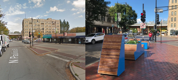 Before and after the slip lane removal at Roscoe/Paulina/Lincoln. Images: John Greenfield, Google Maps