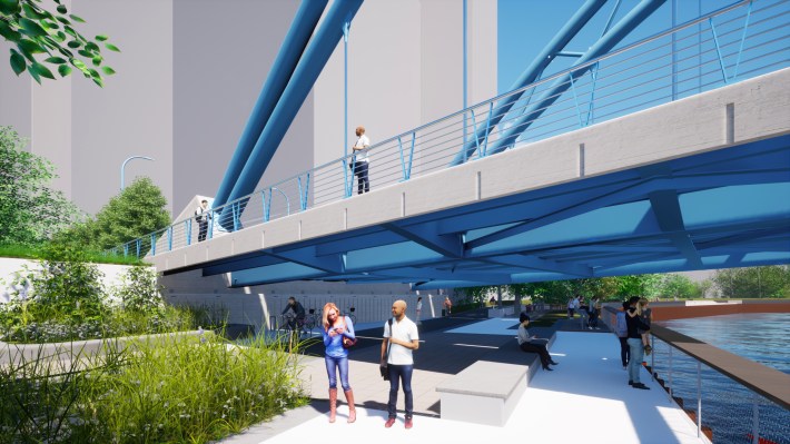 The new bridge will fly over the new riverwalk segments, presumably with ramps connecting the riverwalk to the bridge.