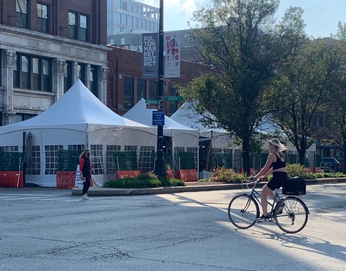 Tents on one of the pedestrianized service drives of the Randolph Street restaurant row. Photo: Sharon Hoyer