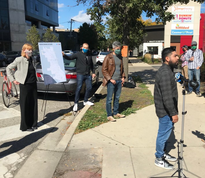 ATA's Alex Perez speaks at the press event. Behind him are Jessica Wobbekind, director of the Logan Square Chamber, and Alderman LaSpata (brown jacket.) Photo: John Greenfield