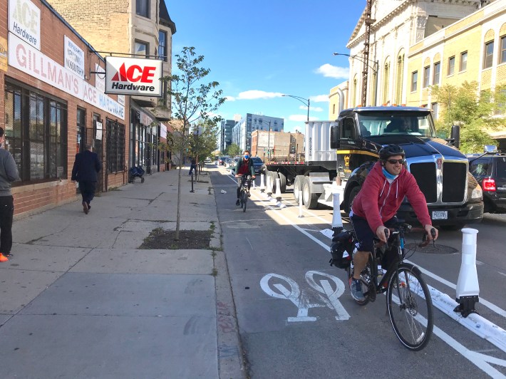 Gillman's Ace Hardware and the new bikeway. Photo: John Greenfield