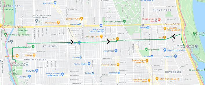 Adding two more short stretches of contraflow bike lane could create a roughly three-mile two-way mellow route. Image: John Greenfield via Google Maps