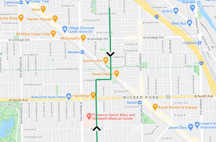 Adding a stretch of southbound contraflow bike lane on Oakley between Division and North, and on Leavitt between Milwaukee and Armitage, would create a low-stress alternative to Damen between Roosevelt and Webster.