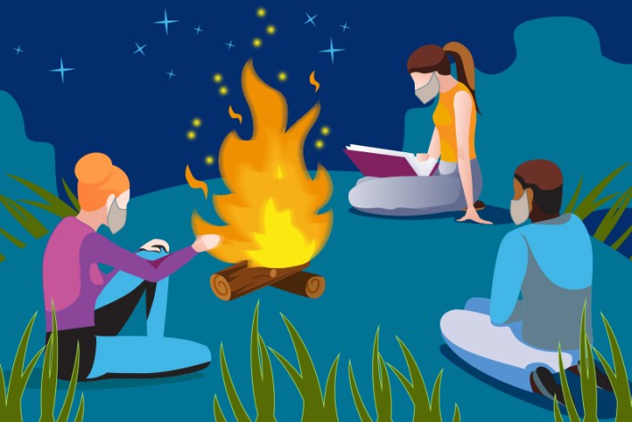 Hanging around a fire with a few friends is a fairly COVID-safe activity if you maintain distance, especially if you wear masks. Image: Boston Children's Hospital