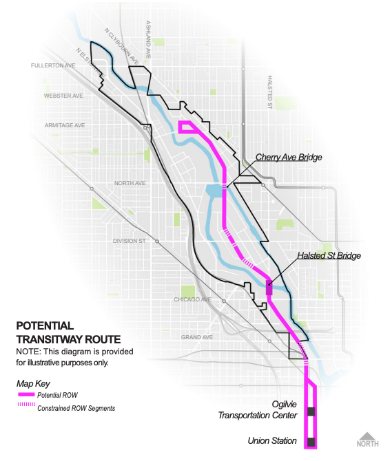 Along the route map of the proposed Lincoln Yards Transitway, the Cherry Avenue Bridge is marked as a “constrained right-of-way segment.” Wide enough for bike lanes, sure, but probably not BRT or light rail. Image: Chicago Department of Planning and Development