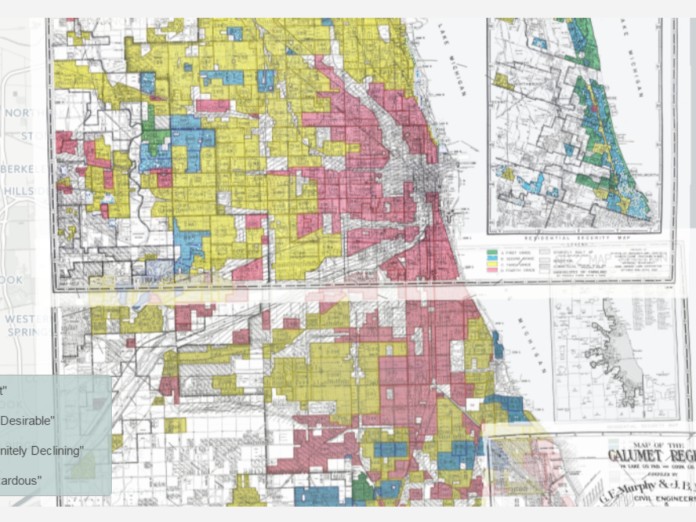 Maps produced by the federal Home Owners’ Loan Corporation produced between 1935 and 1940 show Chicago's black neighborhoods as "hazardous" places for investment. Image: WBEZ