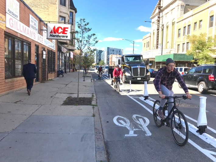 The new plastic curb-protected bike lanes on Milwaukee Avenue in Logan Square. John Greenfield