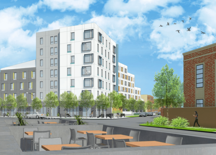 Rendering of the all-affordable TOD currently under construction by the Logan Square Blue Line stop.