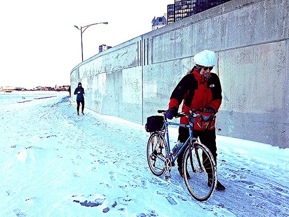 The Oak Street curve of the Lakefront Trail, caked with ice during winter. Photo: John Greenfield