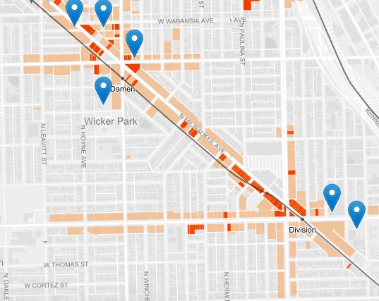 An example of parcels where developers can utilize the TOD ordinances along the Blue Line.