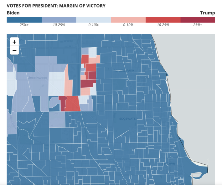 Unlike almost everywhere else in Chicago, except for neighborhoods where many police officers live, Trump did well in the heavily Orthodox precincts of West Ridge and North Park in the 2020 election. Image: Chicago Tribune