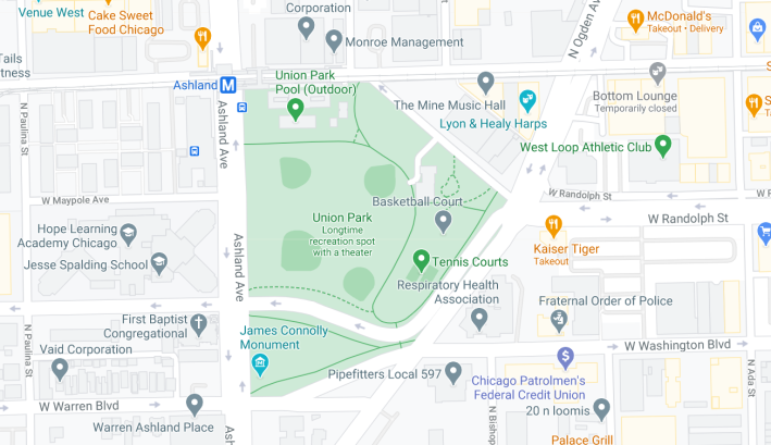The plan proposes rerouting Washington and Warren boulevards so they don't disrupt Union Park. Image: Google Maps