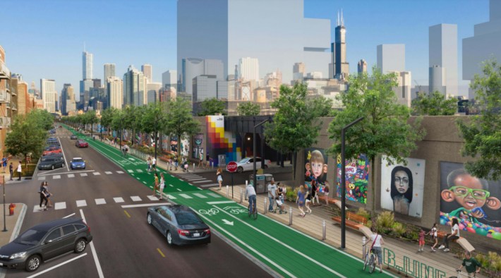 Rendering of a two-way protected bike lane on the north side of Hubbard.