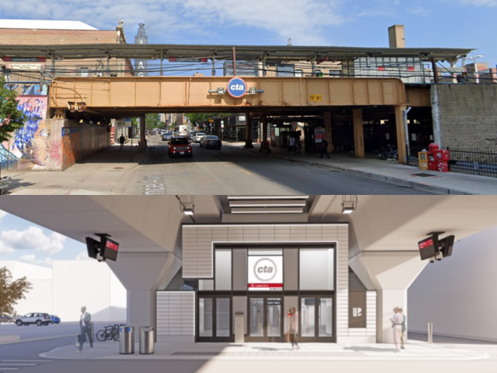 The Lawrence station as it looks now and the future design. Images: Google Maps, CTA