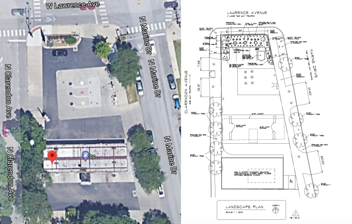Aerial view of the current gas station, and the new proposed layout. Image: Google Maps
