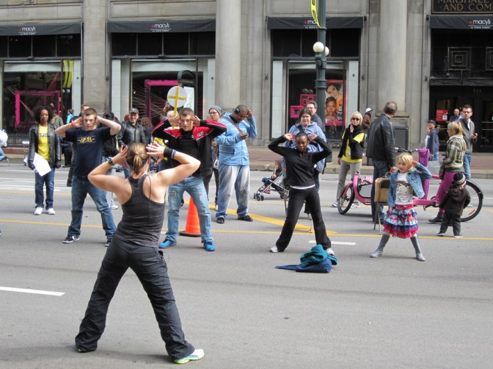 A free fitness class at Open Streets on State Street in 2011. Photo: John Greenfield