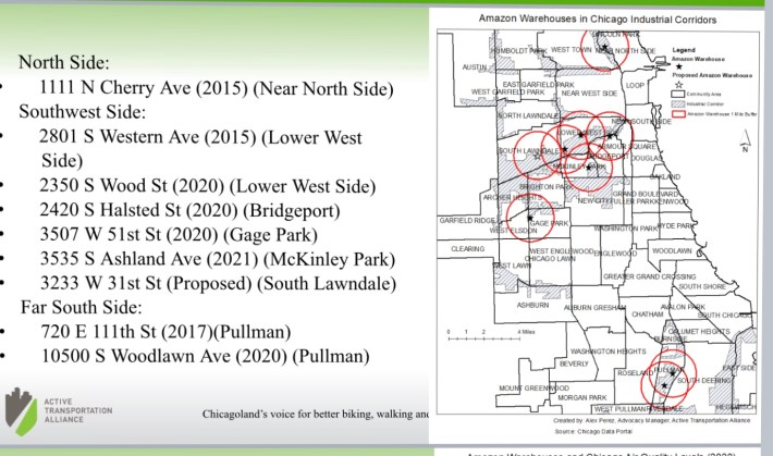 Listing and map of Amazon facilities within Chicago.Image provided by Alex Perez of Active Transportation Alliance