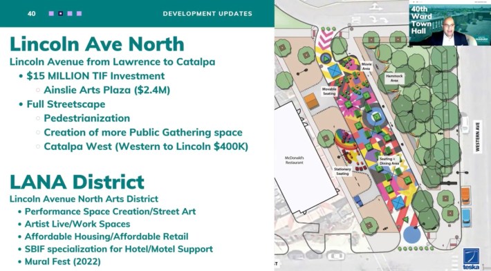 An aerial look at how the Ainslie Arts Plaza can serve as an anchor along with an overview of anticipated Lincoln Avenue North and Lincoln Avenue North Arts District.