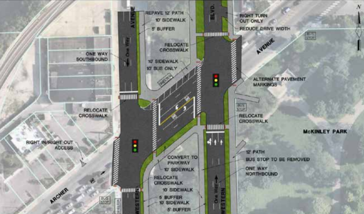 Potential pedestrian improvements at Archer and Western. Image: CMAP