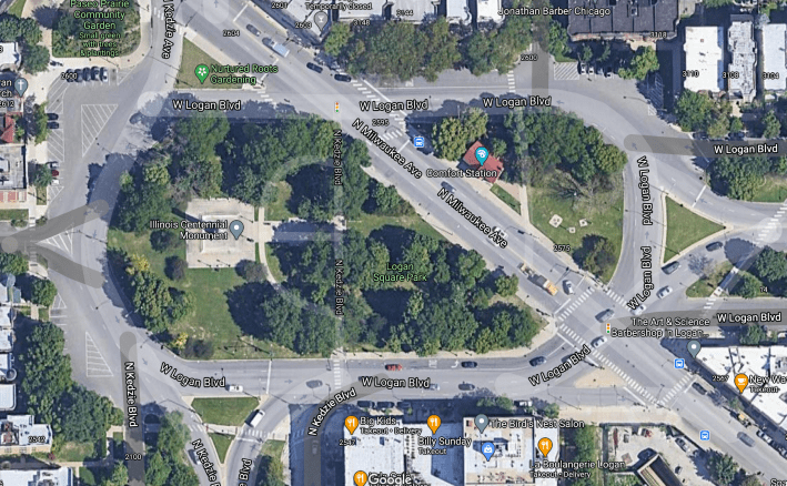 The current layout of the Logan Square traffic circle. Image: Google Mpas