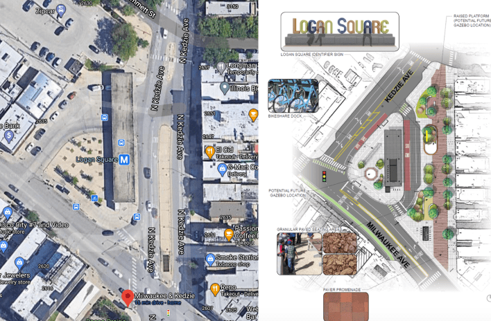 Before and after the Kedzie reroute creates La Placita. Images: Google Maps, CDOT