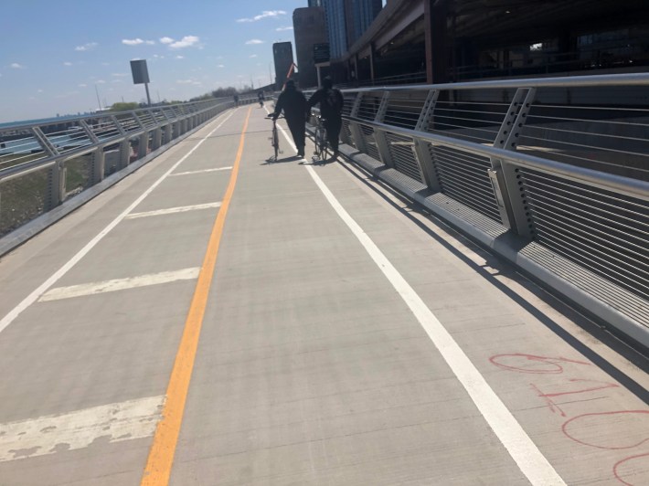 Navy Pier flyover usage was light this day and most trail users were following the markings differentiating cycling from walking.Photo: Courtney Cobbs