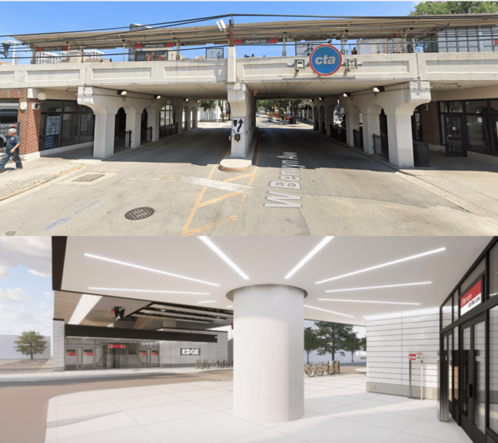 The Berwyn station as it currently looks, and the new design. Images: Google Maps, CTA