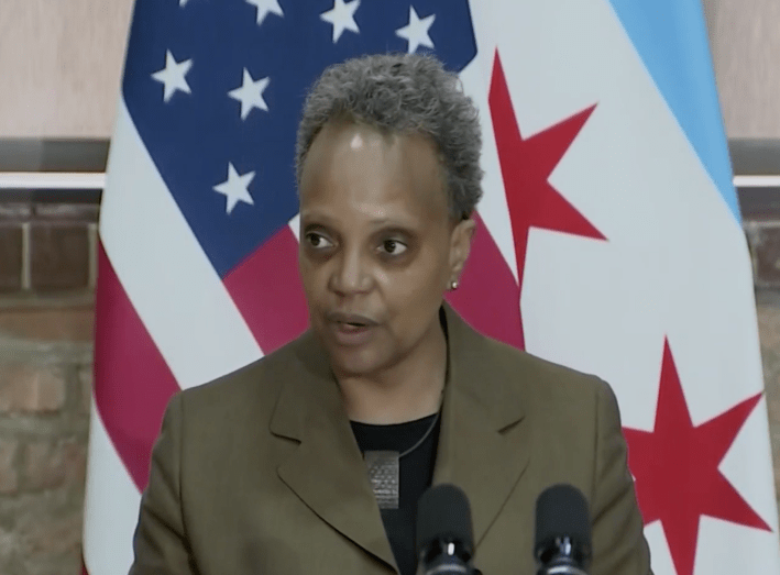 Lightfoot at yesterday's press conference. Image: NBC Chicago