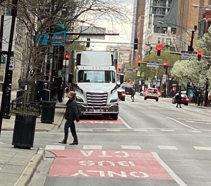 A truck parked in one of the older bus lanes downtown. Photo: Mia Park