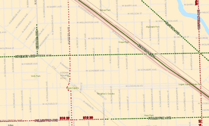 Arterial roadway jurisdiction near the crash site at Diversey/Albany. Dashed green lines are IDOT-controlled, maintained by CDOT. Red dashed lines are CDOT-controlled. Image: Cook County Department of Highways and Transportation
