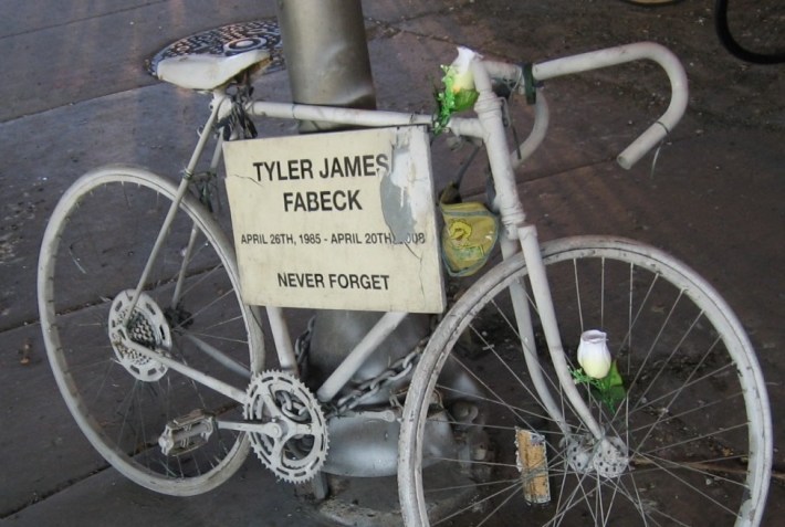 Ghost bike memorial to Tyler Fabeck at Logan/Western. Photo via Andrew Bedno