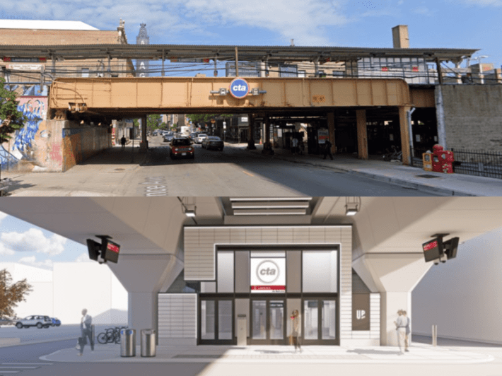 The Lawrence station as it recently appeared, and the future design. Images: Google Maps, CTA