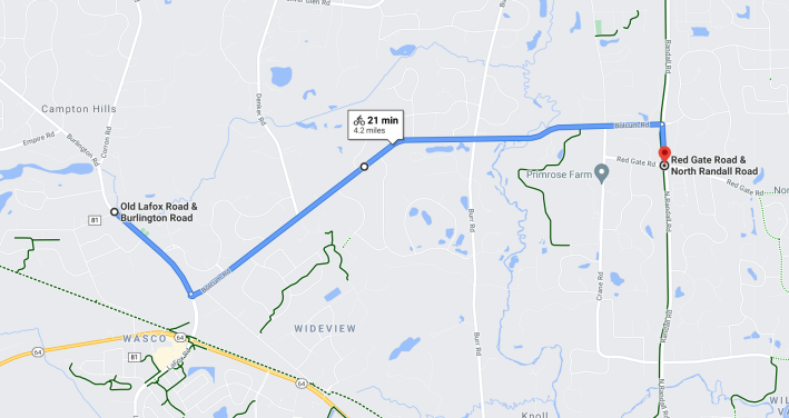 The most direct route from the crash site at Old LaFox and Burlington to Jahn's home and farm in St. Charles. The dashed green line is the Great Western Trail. Image: Google Maps