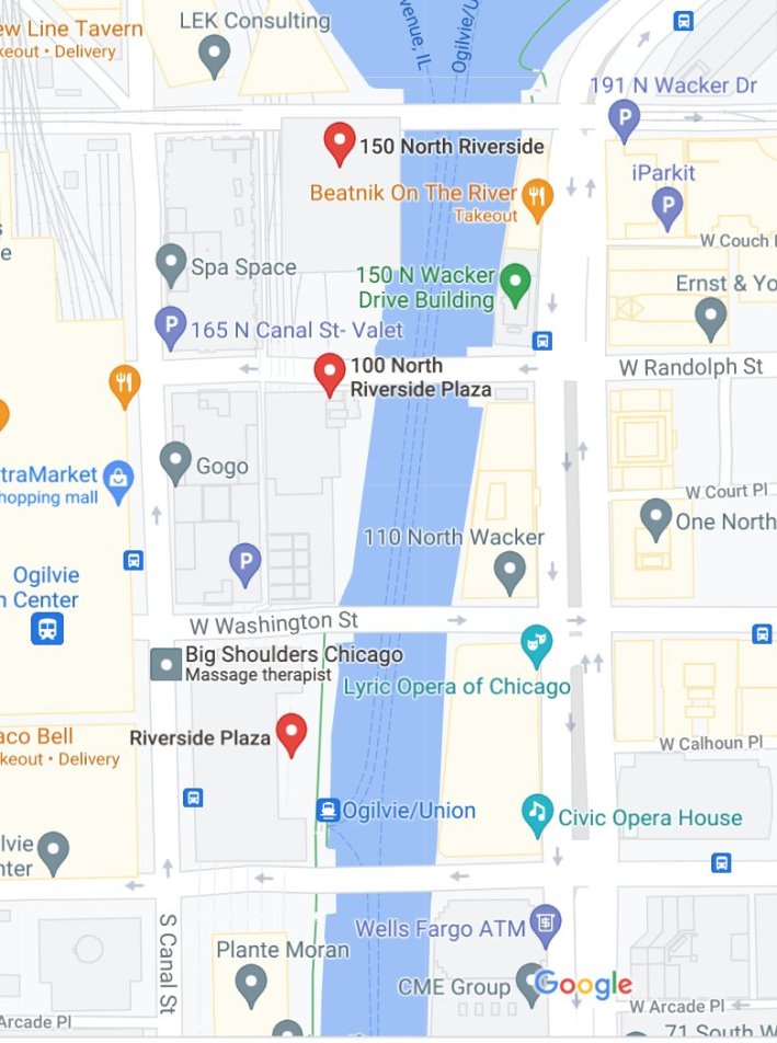 These buildings would normally have Canal Street addresses, but instead they have the vanity address Riverfront Plaza. Image: Google Maps