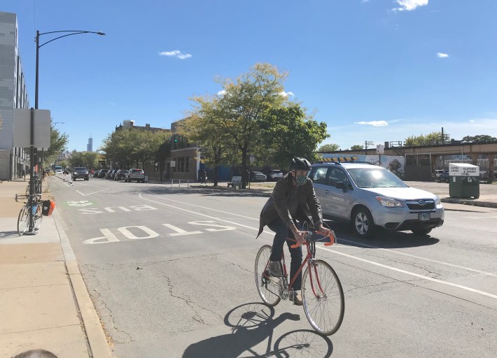 LaSpata rides on Milwaukee Avenue in Logan Square. Photo: John Greenfield