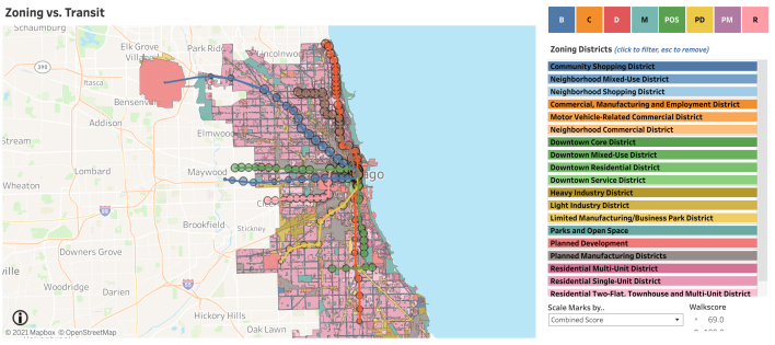 Wunderlich's station access map overlaid on the Chicago zoning map.